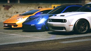 Porsche 911992 GTR RS vs Dodge Challenger Hellcat vs Lamborghini Countatch LPI 8004 [upl. by Malha778]