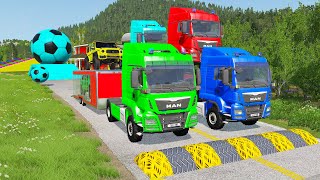 Double Flatbed Trailer Truck vs Speedbumps Train vs Cars  Tractor vs Train BeamngDrive 057 [upl. by Enirhtac]