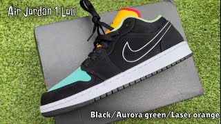 CLOSE LOOK AIR JORDAN 1 LOW BLACKAURORA GREENLASER ORANGE  Plus on feet [upl. by Tallbot678]