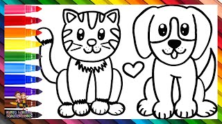 Zeichnen und Ausmalen eines süßen Hundes und einer Katze 🐶❤️🐱🌈 Zeichnungen für Kinder [upl. by Chobot614]