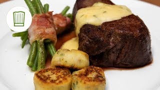 Chateaubriand Steak mit Speckbohnen Macaire Kartoffeln und Sauce Béarnaise  Chefkochde [upl. by Husha]