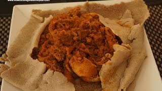 Ethiopian Food  Sega Firfir recipe Amharic English Injera lamb meat berbere [upl. by Willabella]