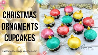 CHRISTMAS ORNAMENT CUPCAKES Tutorial How to Make Easy Smooth Holiday Bauble Glitter Buttercream [upl. by Kehoe303]