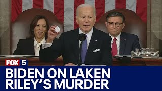 Biden pronounces Laken Rileys name as Lincoln Riley during State of the Union  FOX 5 News [upl. by Jenilee]