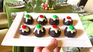 Mini Christmas Puddings no bake recipe CHOCOLATE fruit cake BALLS [upl. by Barimah978]