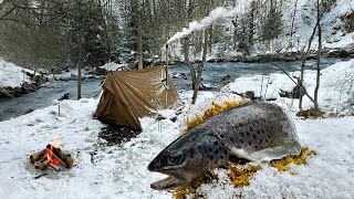 Hot Tent Camping in deep Winter amp Catch and Cook [upl. by Annovad]