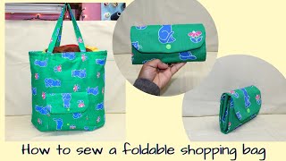 DIY Foldable Shopping BagHow to sew a bag that folds into a pouchDIY Ecofriendly tote bag [upl. by Ociral]