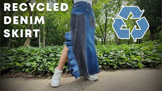 RECYCLED Trendy Denim Skirt  DIY Upcycling Tutorial [upl. by Lebbie698]