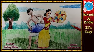 How to Draw Bihu Dance Scene Assam Festival Celebration BohagRongali Bihu Drawing for Kids [upl. by Eidnew]