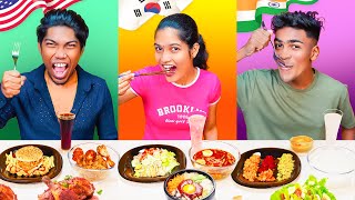 AMERICAN vs KOREAN vs INDIAN Eating Challenge 😂 FORK vs CHOPSTICK vs SPOON 😄 Food Eating challenge [upl. by Hillery]