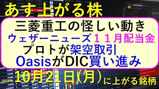 あす上がる株 2024年１０月２１日（月）に上がる銘柄。三菱重工が怪しい。OasisがDIC買い進み。プロトが架空取引。ウェザーニューズ１１月配当～最新の日本株情報。高配当株の株価やデイトレ情報も～ [upl. by Novak]