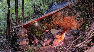 Bushcraft SURVIVAL CAMPING in the RAIN  Stone Shelter Build Outdoor Cooking Nature Adventure [upl. by Eenehs]