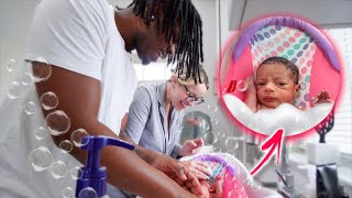 Our Babys First Bath At Home 1 week old newborn [upl. by Enytsirk130]