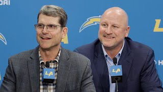 HC Jim Harbaugh amp GM Joe Hortiz 2024 Draft Day 1 Recap Press Conference  LA Chargers [upl. by Nauqes]