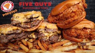 ASMR FIVE GUYS TRIPLE CHEESE BURGERS amp FRIES POPEYES SPICY CHICKEN SANDWICHES MUKBANG [upl. by Aciamaj]