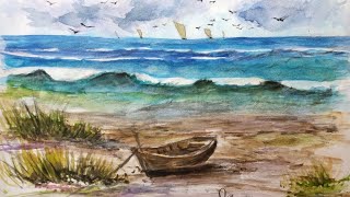 Easy DrawingCharcoal with Watercolour paintingSeascape DrawingWatercolour TutorialBalaartz 🖌️ [upl. by Pasquale]