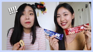 Koreanas First Time Trying Filipino Snacks Dewberry Magic creams [upl. by Remmos]