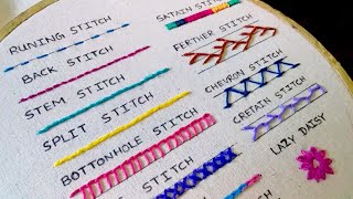 15 Basic Hand Embroidery Stitches Sampler For Absolute Beginners [upl. by Egor]