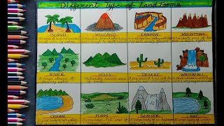 Different types of Landforms drawing l Landforms full detailed chart drawing for school project [upl. by Mchenry]