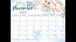 Free Printable November 2019 Calendar  WikiCalendarCom [upl. by Doownelg]