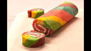 Rainbow swiss roll cakeNo Butter No Milk spongy No Fat Dessert within 20 min [upl. by Wende86]