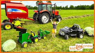 Baling hay with kids power wheel tractor amp real tractor to feed horse on farm Educational  Kid Crew [upl. by Cornew77]