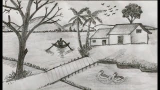 how to draw easy pencil sketch landscape pahar and river side pencil drawingMasroor Arts academy [upl. by Nyrehtak]