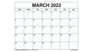 Printable March 2022 Calendar Templates with Holidays  Wiki Calendar [upl. by Elinet]