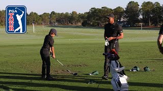 Tiger and Charlie Woods’ range session before the ProAm at PNC Championship [upl. by Cumine322]