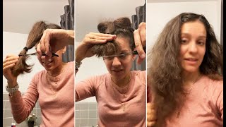 Quick amp Easy Long Layered amp Bangs Haircut Tutorial at Home  Long Haircut for Curly Hair [upl. by Adnarrim37]