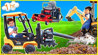 Landscaping compilation with kids ride on tractor lawn mower forklift excavator and tow truck [upl. by Meghan]