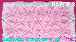 PARTE 3 Como tejer el Cuadro o cuadrado N° 32 a crochet en punto hojas rellenas en relieves y espiga [upl. by Modestine463]