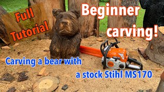 Want to carve a bear  Have a stock Stihl MS 170  Beginner chainsaw carving tutorial First carving [upl. by Gothard749]