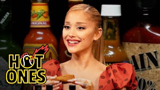 Ariana Grande Hits a High Note While Eating Spicy Wings  Hot Ones [upl. by Eittocs]