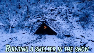 BUILD a SHELTER in SNOW I built a wooden hut with FIREPLACE  under °ZERO DEGREES [upl. by Gievlos]