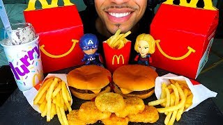 ASMR MCDONALDS AVENGERS ENDGAME HAPPY MEAL TOYS MUKBANG  OREO MCFLURRY CHICKEN NUGGETS EATING SHOW [upl. by Peale]