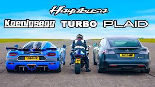 Koenigsegg v Tesla Plaid v Turbo Hayabusa DRAG RACE [upl. by Maltzman878]