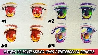 How to Use Watercolor Pencils DRAW MOE MANGA  ANIME EYES  4 WAYS   Drawing Tutorial [upl. by Ayt]