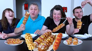 My Family Tries Popular Korean Cheese Corn Dogs for the First Time Making Korean Street Food SUB [upl. by Ellecrag625]