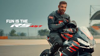 Fun Is The Aprilia RS 457 ft John Abraham 🔥  Aprilia India [upl. by Airdnoed29]