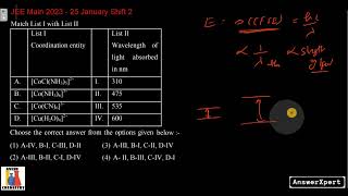 Match List I of Coordination entity with List II of Wavelength of light absorbed in nm [upl. by Natalia]