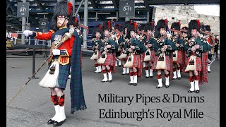 Military Pipes amp Drums march down Edinburghs Royal Mile 4KUHD [upl. by Hennie]