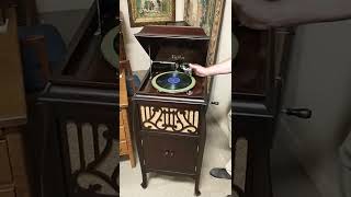 Cecilian Mahogany Antique Record Player Wind Up Phonograph amp Records [upl. by Anelram]