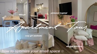 FURNISHED APARTMENT TOUR 485sqft 🎀🪞 how to decorate amp organize small space pinterest inspired [upl. by Yim]