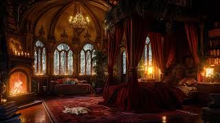 Nighttime Thunderstorm in a Cozy Castle Room  Rain and Fireplace Sounds with Dog and Cat  8 Hours [upl. by Joellyn]