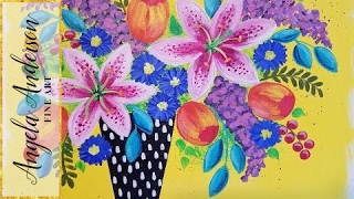 Easy Floral Acrylic Bohemian Vase Painting  How to Paint Lilies Lilacs amp Tulips [upl. by Inej]