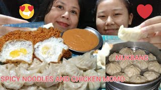 SPICY NOODLES AND CHICKEN MOMOYUM SPICY NOODLES AND CHICKEN MOMO MOTHER AND DAUGHTER EATING SHOW [upl. by Cyna]