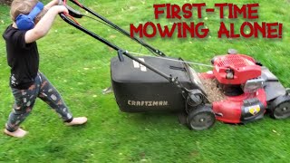 Lawn Mowers for Kids  Learning Yard Work with Kids  First time mowing the lawn alone [upl. by Nifares]