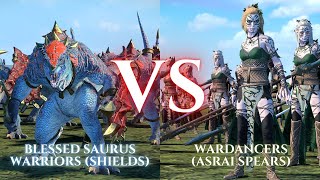 WARHAMMER III Total War  Blessed Saurus Warriors Shields VS Wardancers Asrai Spears [upl. by Rabah]