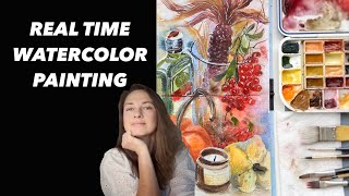 REAL TIME Watercolor Still Life Painting  quiet watercolor paint along no music no narration [upl. by Euhsoj496]